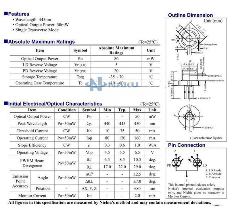 Nichia 450nm 500mW Blue laser diode TO-18